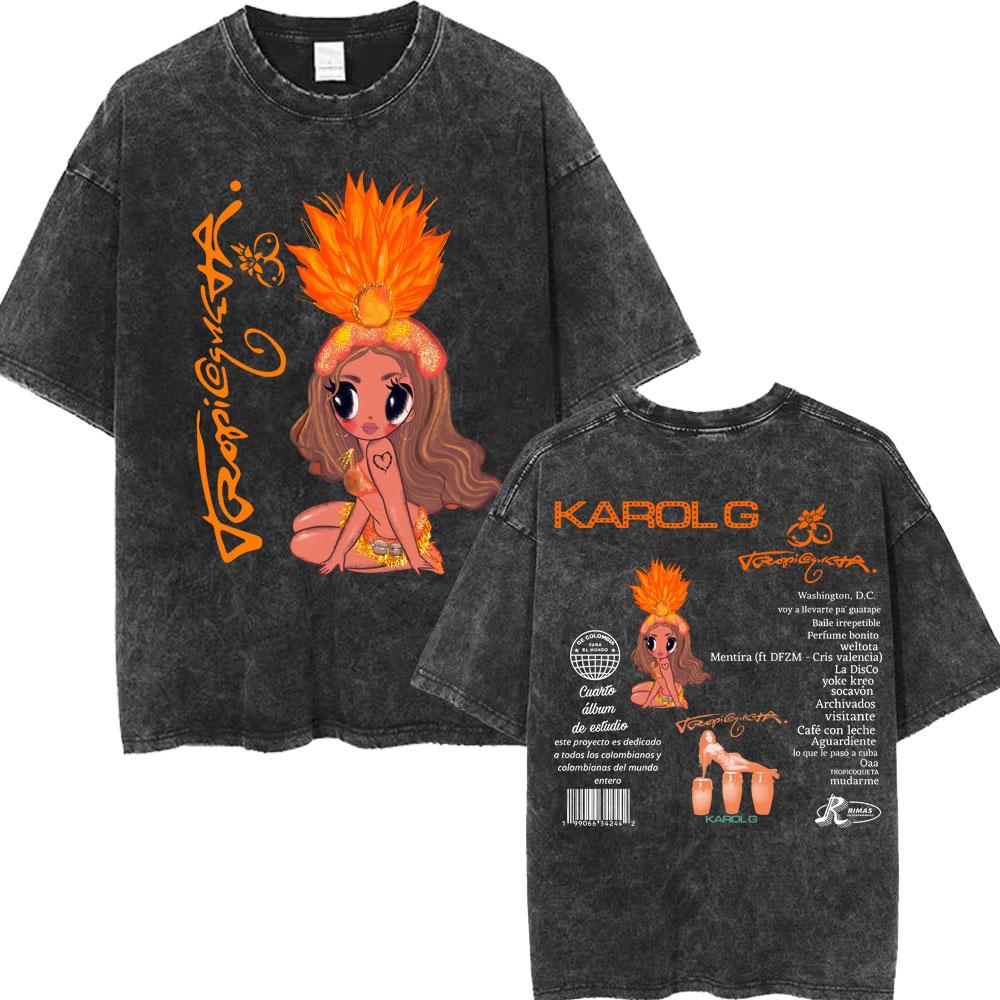 Karol G Tropicoqueta Album Latina Foreva Washed T Shirt Men Women Trendy Loose Tshirts Casual Cotton Retro Street T Shirts