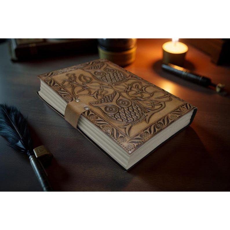 Owl Leather Grimoire Journal Handmade Blank Spell Book of Shadow Leather Sketchbook Travel Notebook Writers Gift For Her Him