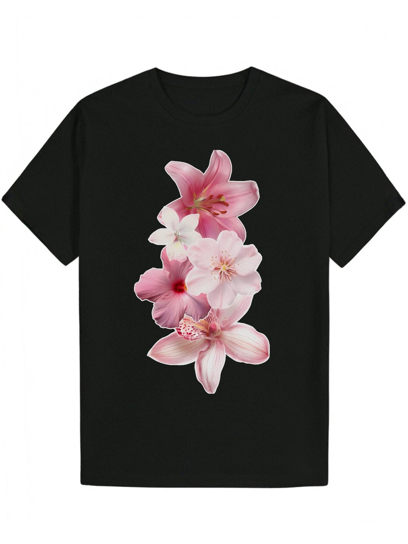 Crew Neck Polyester T-shirt with Vibrant Pink & White Flower Design - Lightweight S