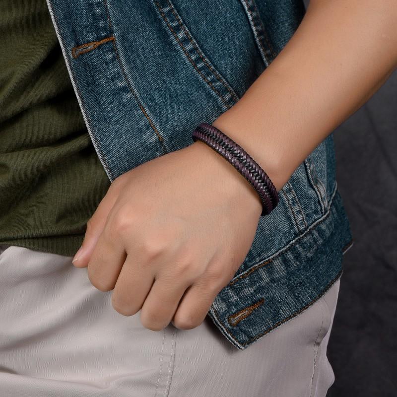 Mens Leather Braided Bracelet With Stainless Steel Clasp Minimalist Geometric Design Adjustable Size Daily Wear