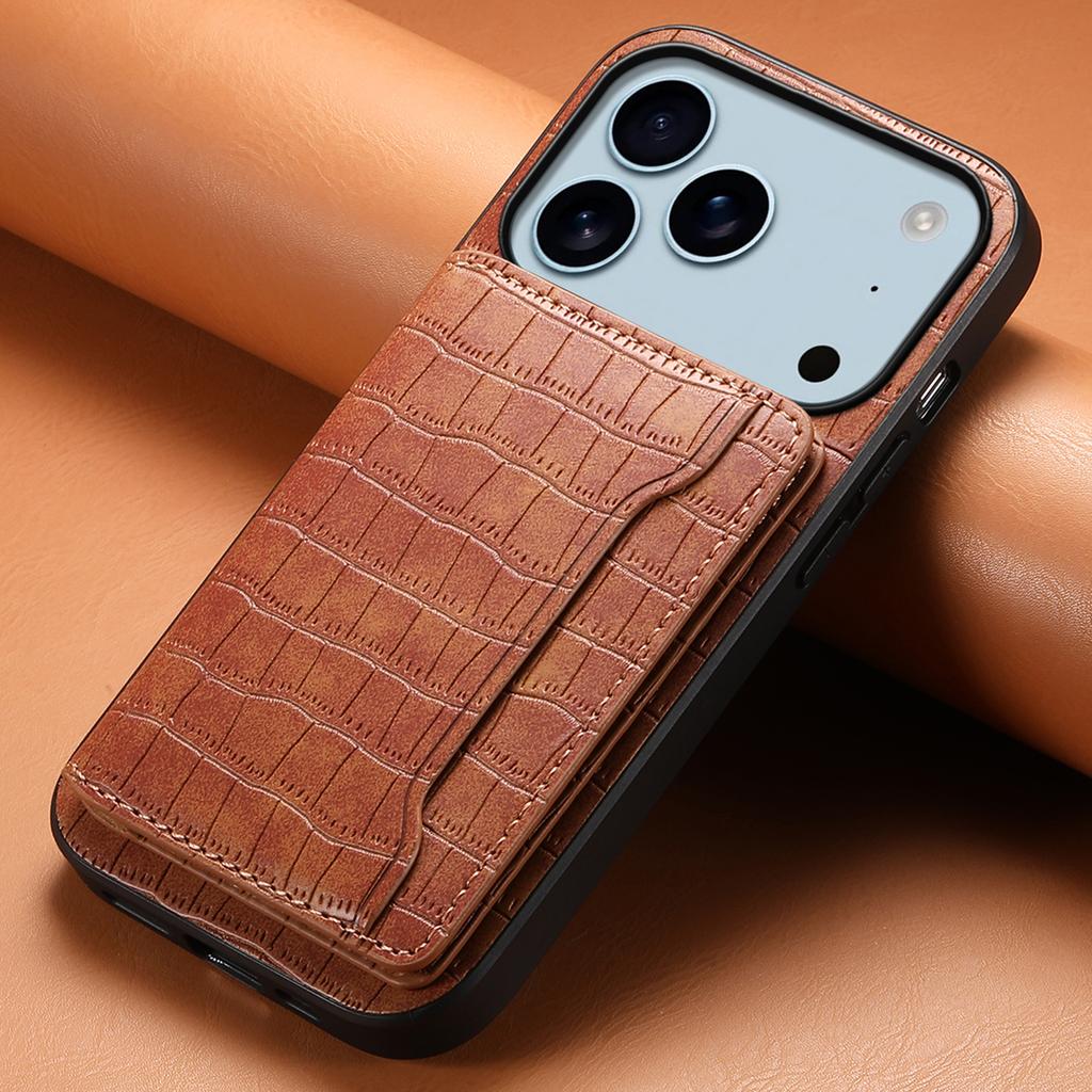 For iPhone 17 Pro Case Card Holder Kickstand Crocodile Texture Leather Back Phone Cover
