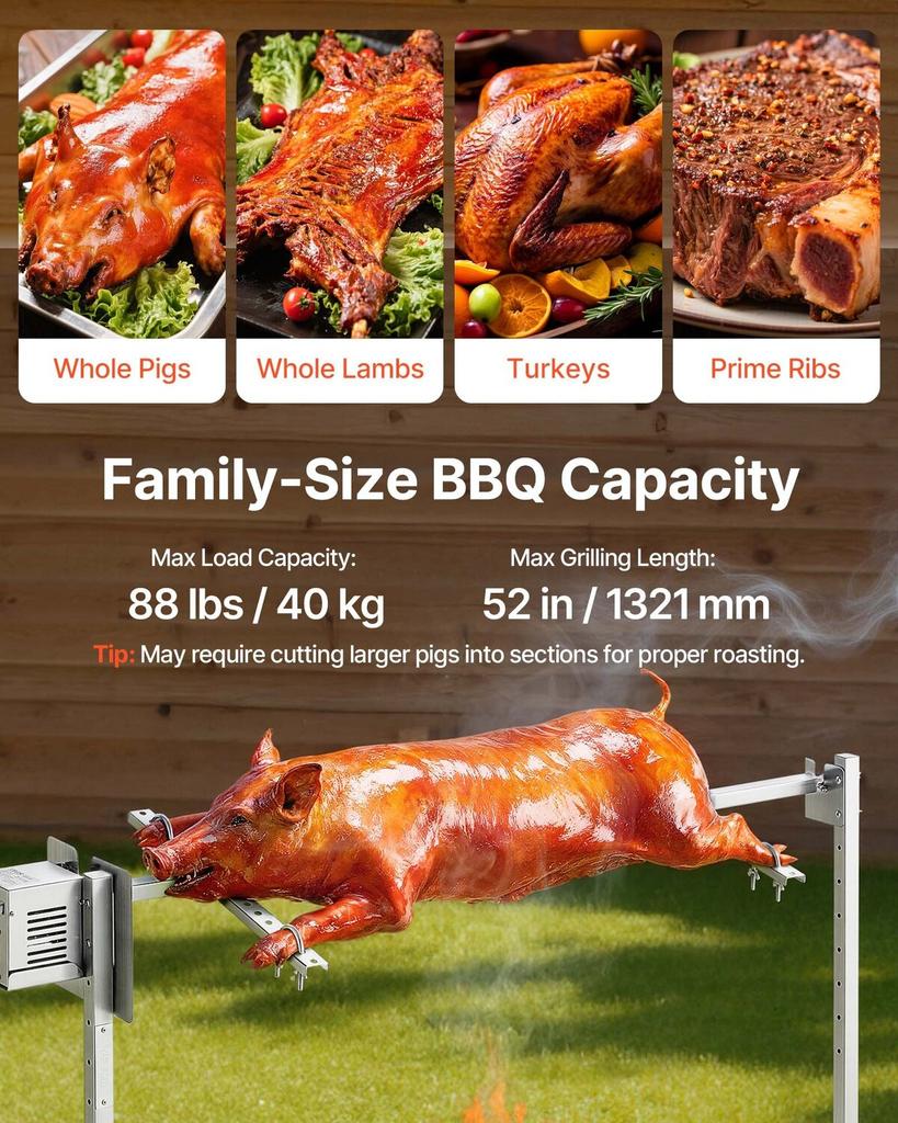 Gril à rôtissoire, AC220-240V Kit de gril à rôtissoire électrique à 8 niveaux de hauteur, Kit de rôtissoires pour grils BBQ avec capacité de charge de 88 lbs, Moteur 38W, Acier inoxydable