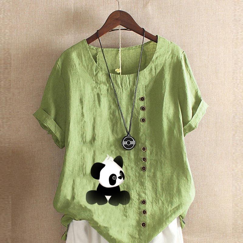 

Женская модная футболка с круглым вырезом и коротким рукавом, повседневная хлопковая льняная рубашка с принтом панды, летняя блузка, топы 5XL зелёный
