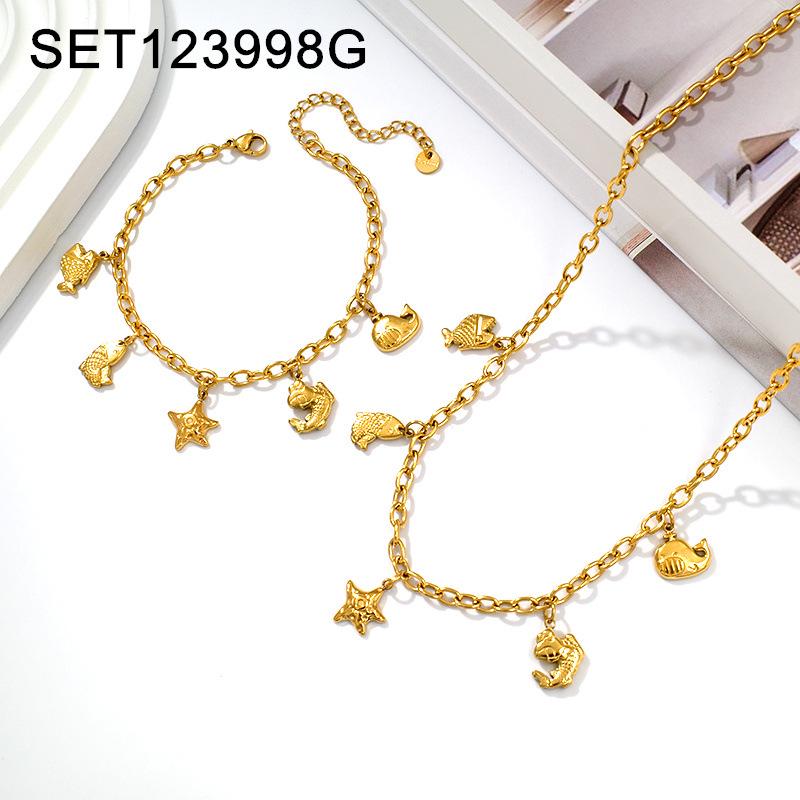 Gold-Plated Titanium Ocean-Inspired Necklace & Bracelet Set with Starfish and Fish Pendants - Versatile Women's Jewelry