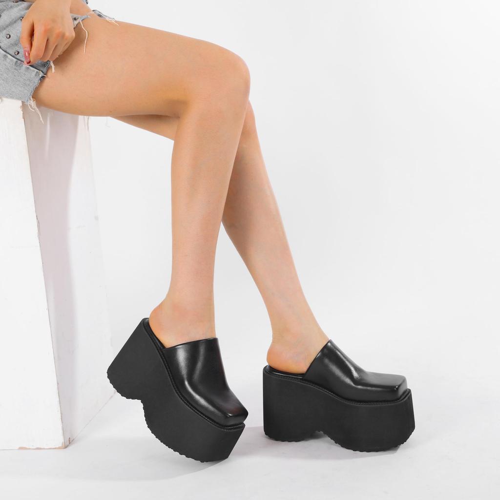 Gdgydh Fashion Square Toe Platform Mules Black PU Slip-On Loafers Thick Heels Comfortable Summer Footwear for Women Slippers