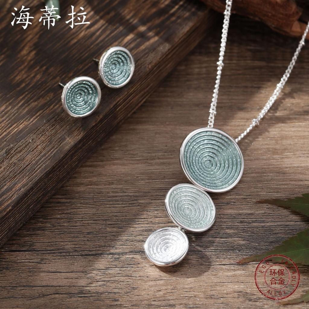 New Color Painting Oil Geometric Round Stud Earrings Pendant Set, Women's Fashion High-end Ring Necklace.