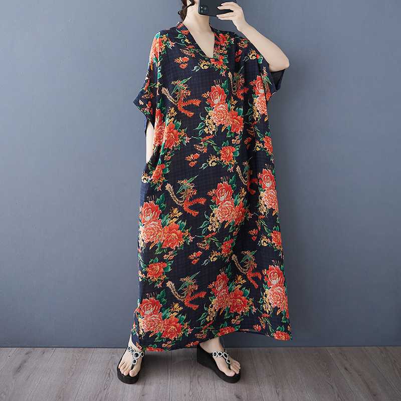 Vestido de Algodón Lino de Verano Color Viaje Cuello en V Retro Falda Larga