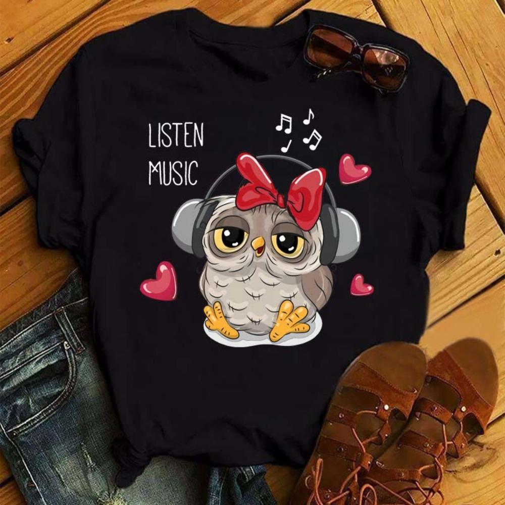 Cartoon Owl Printed T-shirt Women's Pattern Shirt Casual Short Sleeve Black Women's T-shirt O-neck Harajuku T-shirt