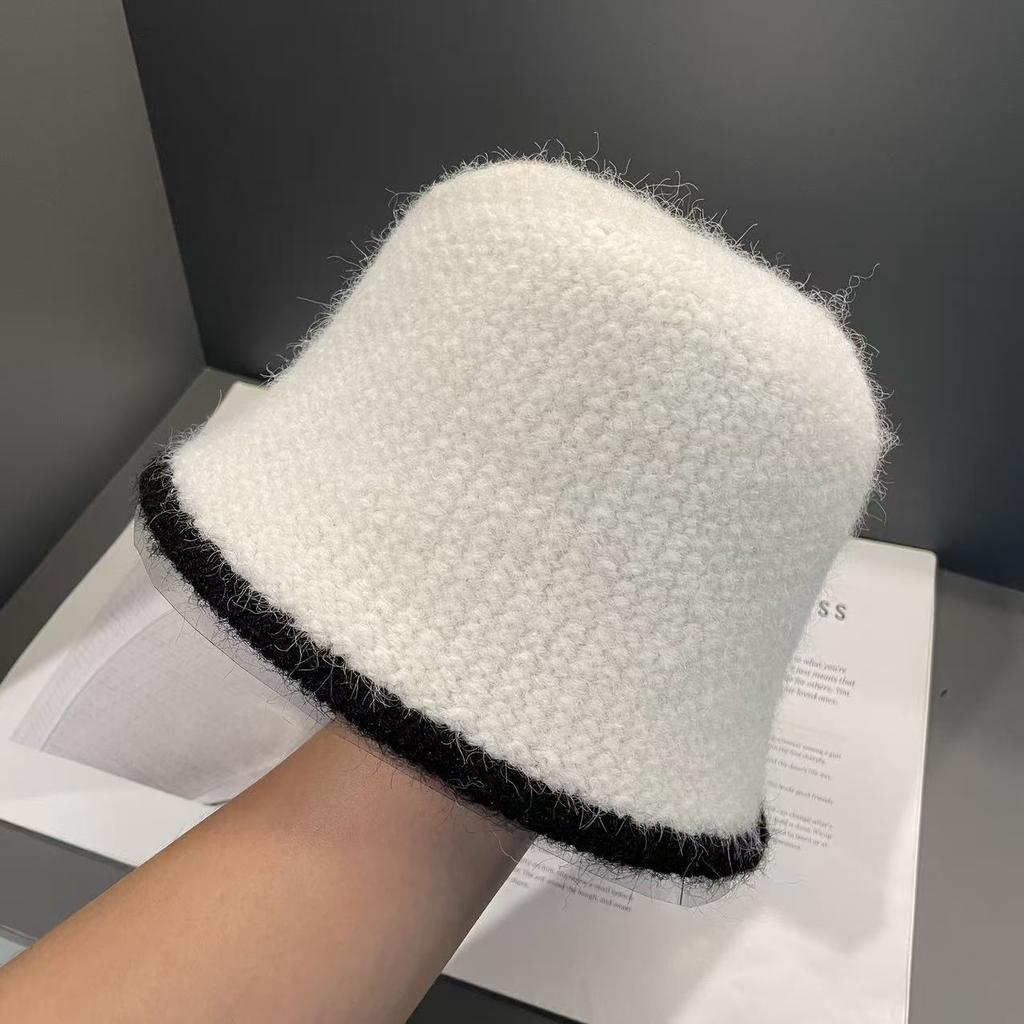 Autumn and Winter Color Blocking and Outlined Woolen Hat for Women Simple and Casual Versatile  Face Covering  Warm and Ear Protecting Bucket Hat