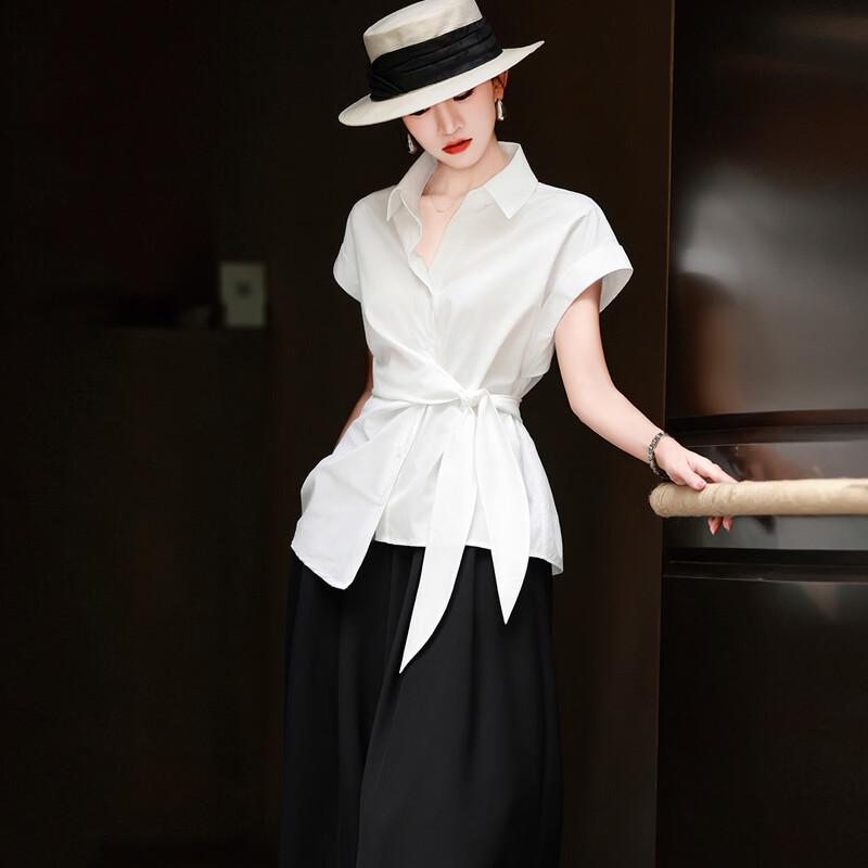 Lanser Women s Elegant Lyocell Blend Lapel Short-Sleeve Blouse M