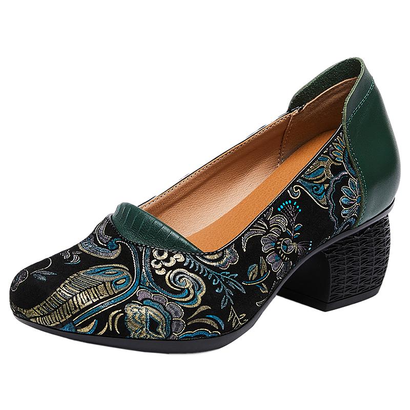 Fashion GKTINOO 2025 Spring New Ethnic Style Round Toe High Heels Shoes Versatile Retro Genuine Leather Pumps Women's Shoes