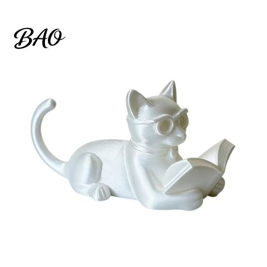 Study Room Cat Figurine Reading Ornament, 3D Printed Desk Decor with Glasses & Book, Multi-Functional Decoration Phone Stand Holder Bookend,
