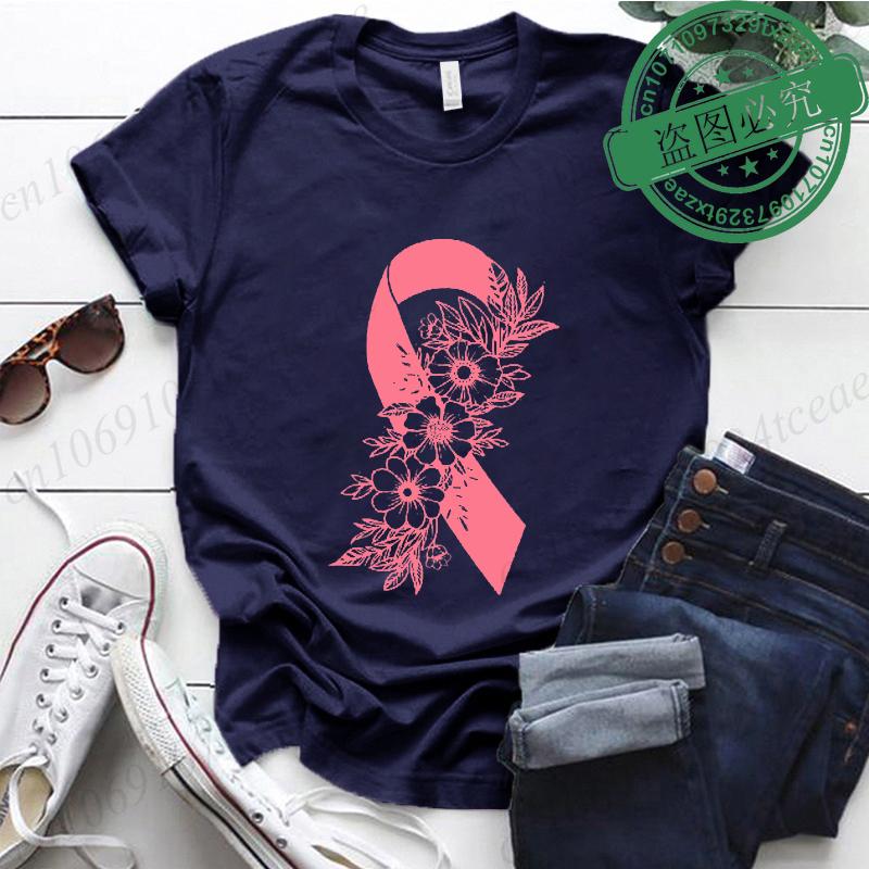 Breast Cancer Awareness Shirt Pink Ribbon Floral TShirts Support Cancer Fighter Womens Clothing Breast Cancer Survivor Tops