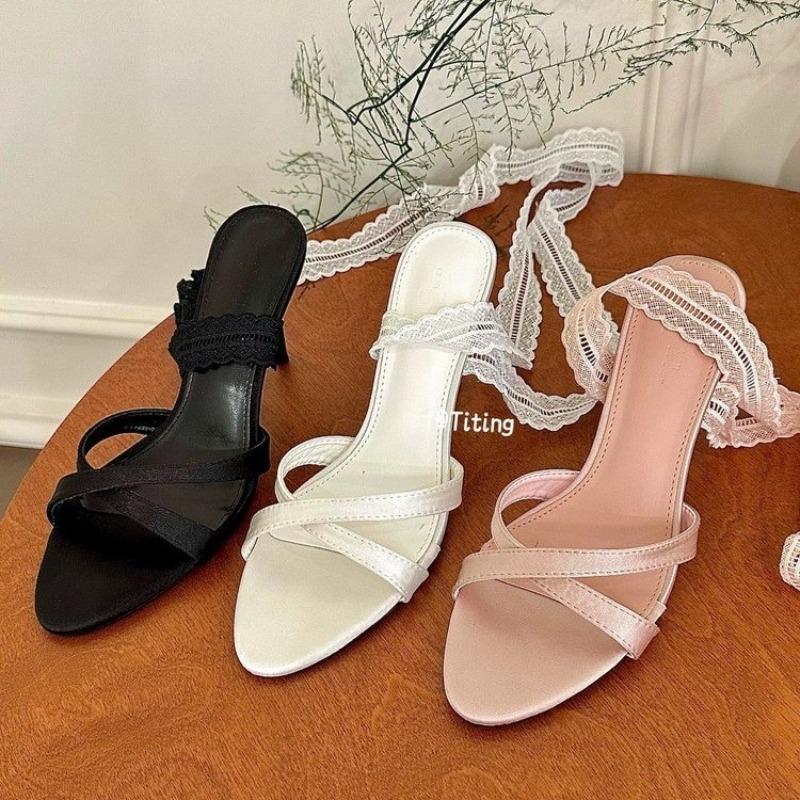 Fashion Blue Back Elastic Band Stilettos Sandals Solid Round Toe Cross-tied Slip-on Thin High Heels Pumps 2025 Women Concise Shoes
