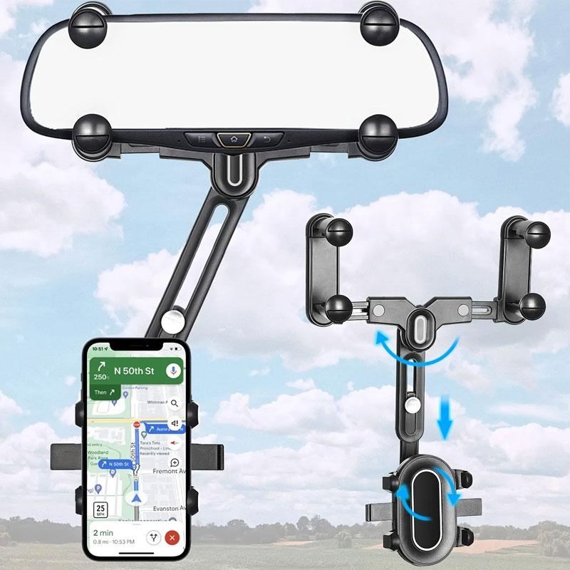 360° Rotating Car Rearview Mirror Phone Holder - Perfect for Kids and Adults - Compatible with Phones and GPS Devices - Sturdy