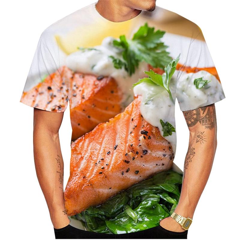 Salmon Fillet Sushi T-Shirts Funny Food Graphic 3D Print Men's Casual Short Sleeve T-shirts - Soft Medium Stretch Fabric Summer Relaxed Fit Clothing