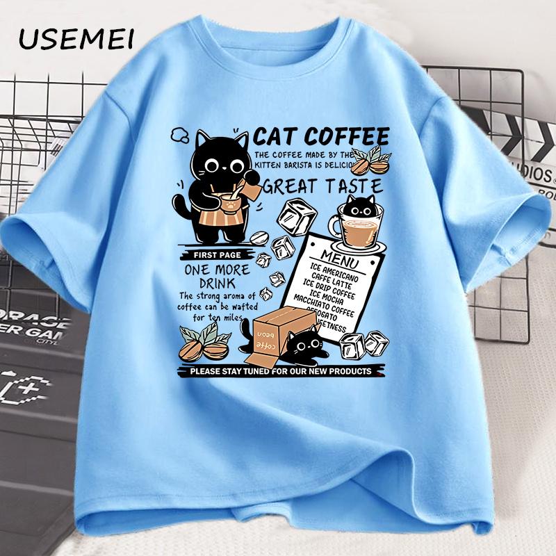 

Забавная футболка с принтом кота, делающего кофе, для мужчин и женщин, летняя, свободная, хлопковая, с коротким рукавом, модные топы в стиле Y2k, мужская дизайнерская одежда 4XL