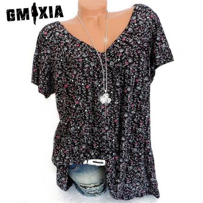 Damenmode, lässig, Sommer, Blumendruck, kurzärmelig, V-Ausschnitt, Blusen und Hemden