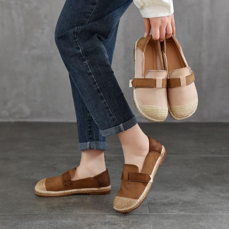Johnature Retro Loafers Genuine Leather Mixed Color Women's Shoes Casual Versatile Flat Shoes