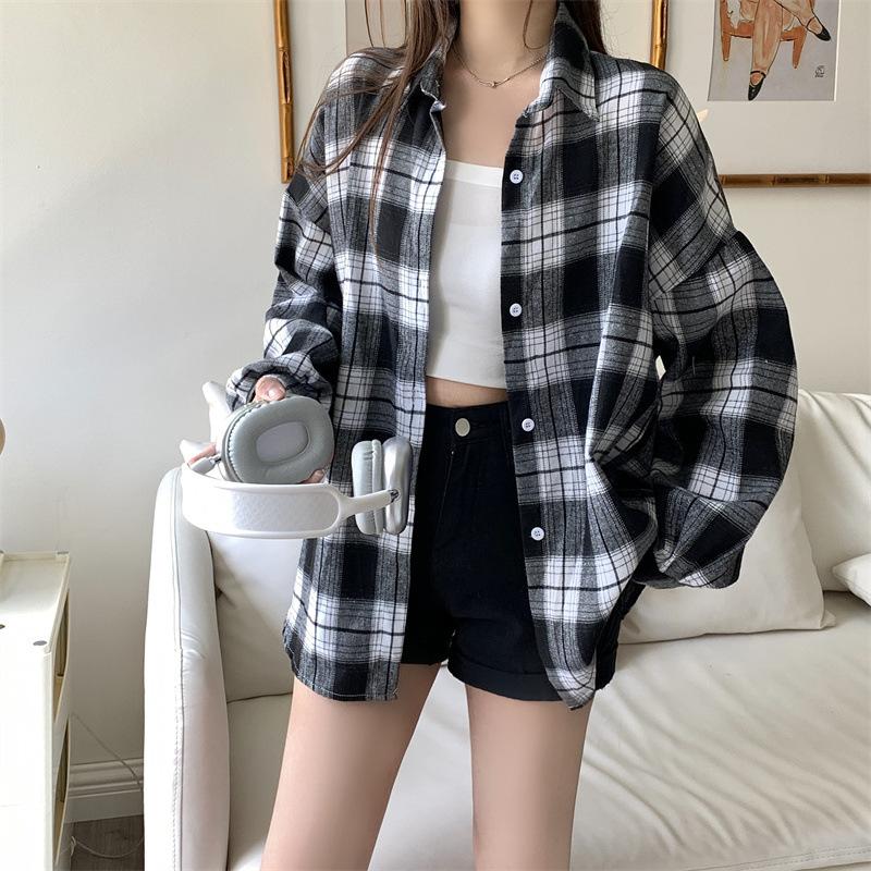 Dames Retro Geruit Overhemd Lange Mouw Met Kraag Knoopsluiting Oversized Geruit Overhemdjas Tiener Meisje Lente Zomer Outfit