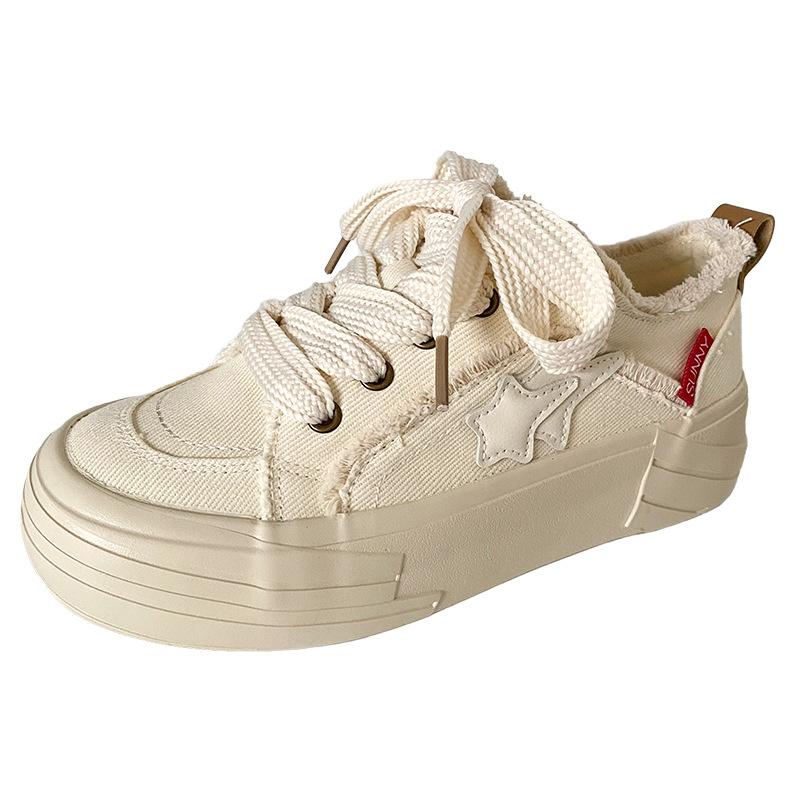 

B-9250 latex insole/star thick-soled little white shoes for female niche students 2024 new flat-soled retro board shoes 40 бежевий