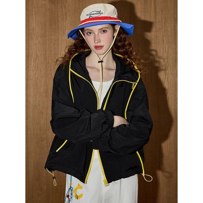 Coolhut2025 Fall Contrast Color Hooded Outwear Casual Bright Color Drawstring Coat Outwear Female Loose All-Matching Top