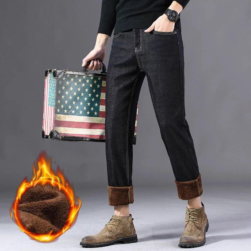 Men's Thermal Straight-Leg Jeans with Warm Padded Lining for Business and Casual Wear