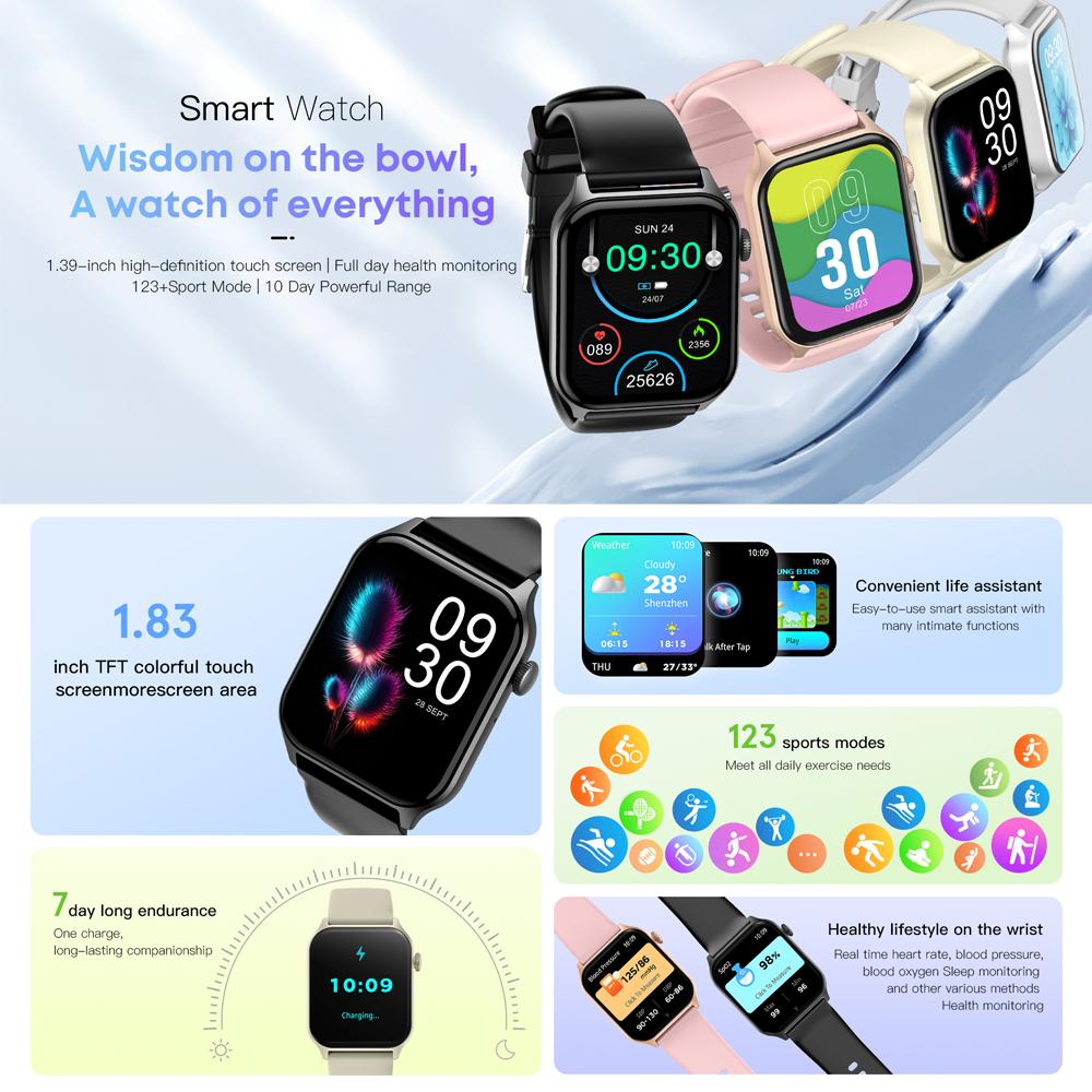 Smartwatch Calls 1.83'' Full Touch Screen Health Monitor 100+ Sport Modes Watch