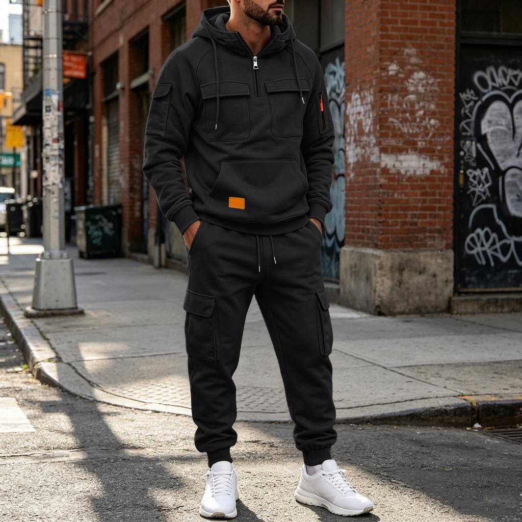 Men's Casual Multi-Pocket Set, Hoodie and Jogger Pants Two-Piece Outfit