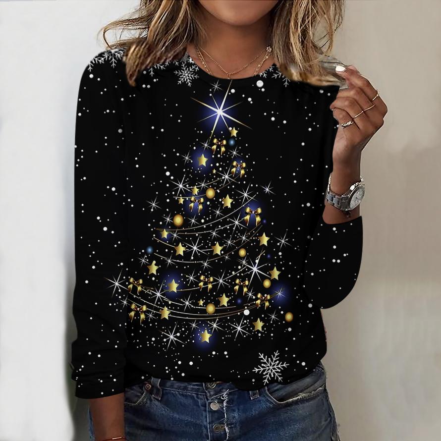 2025 Autumn & Winter Women's New Casual Crew Neck Long Sleeve Top 3D Christmas Pattern Ideal Halloween Christmas Gift