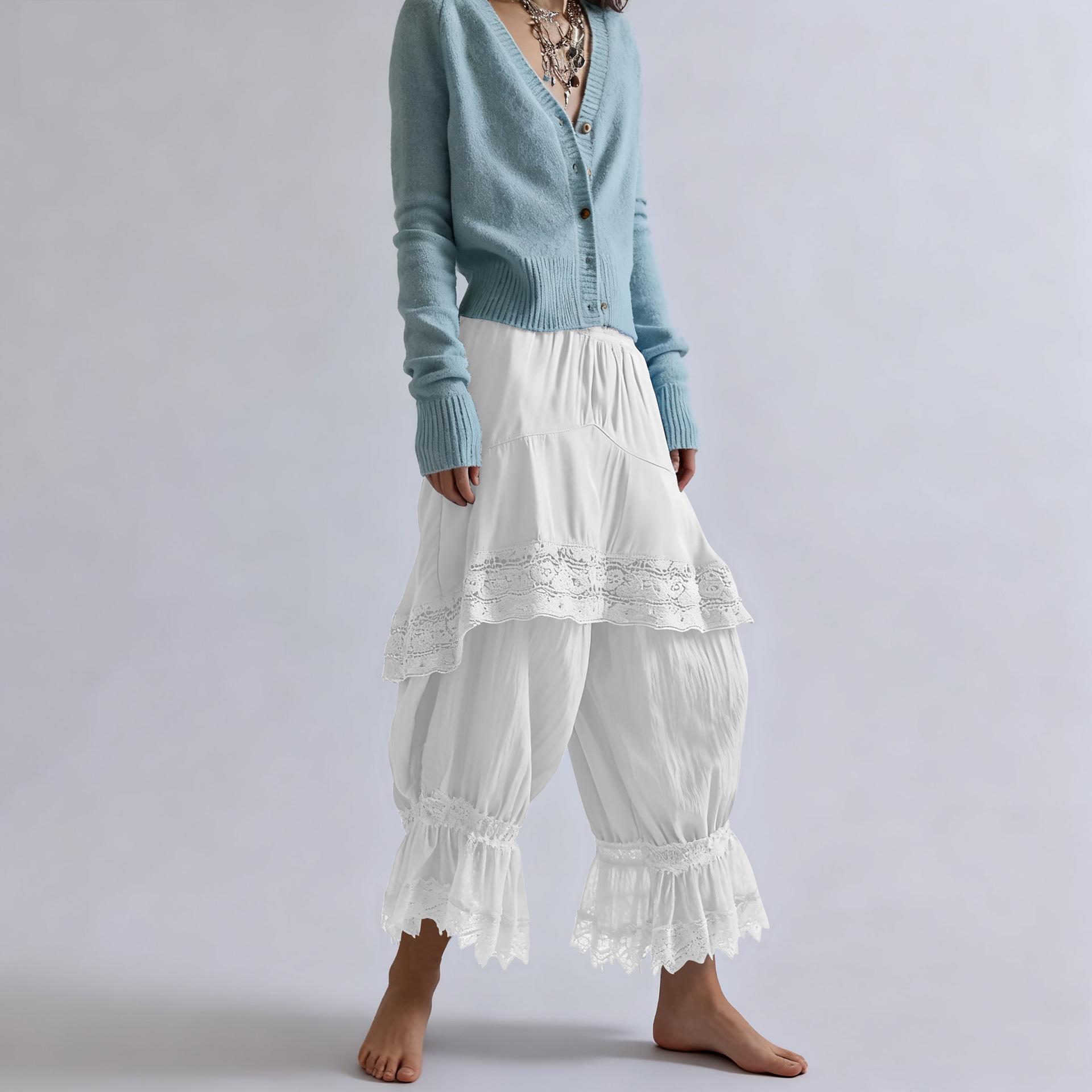 

European Fashion 2025: Versatile Women s Lace-Trimmed Loose Cotton Pants - Skin-Friendly and Comfortable Large белый