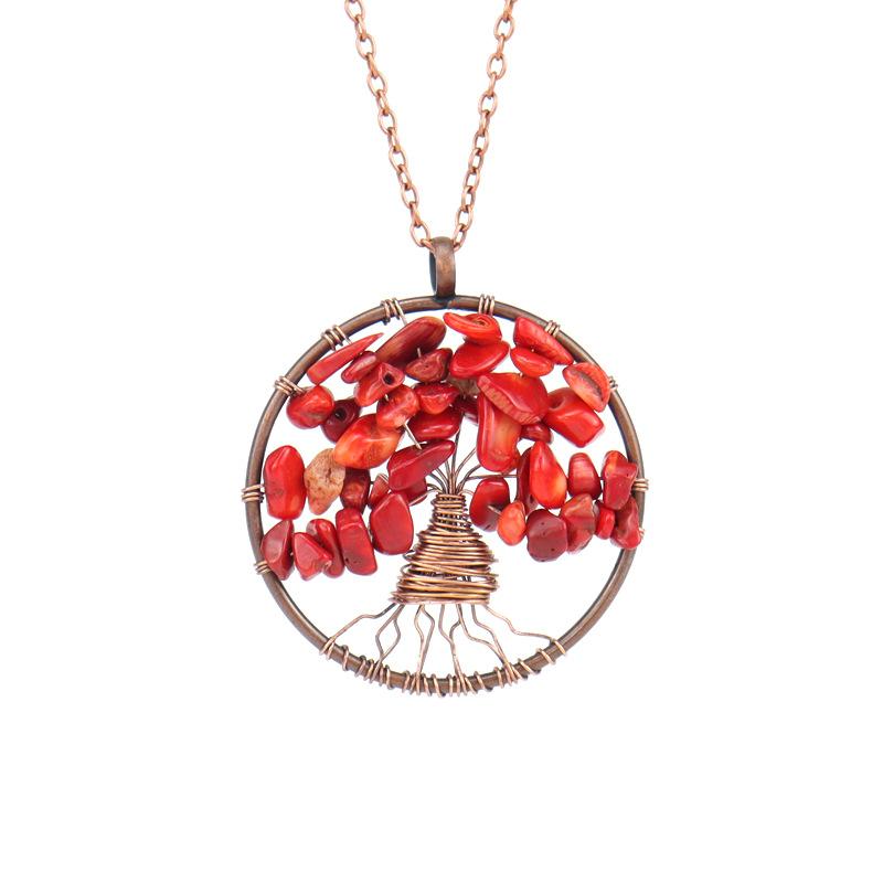 Ancient Red Copper Winding Natural Stone Crystal Tree Of Life Necklace Colorful Stone Necklace Jewelry N105