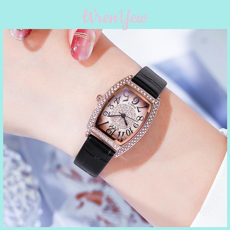 Vintage Wine Barrel Shape Ladies Watch With Crystals And Leather Strap For Casual Wear