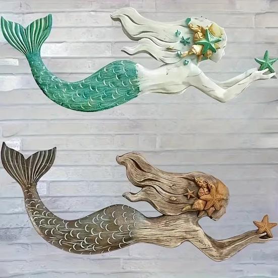 4 Pcs Wooden Mermaid Beach Wall Decor Rustic Nautical Swimming Mermaid