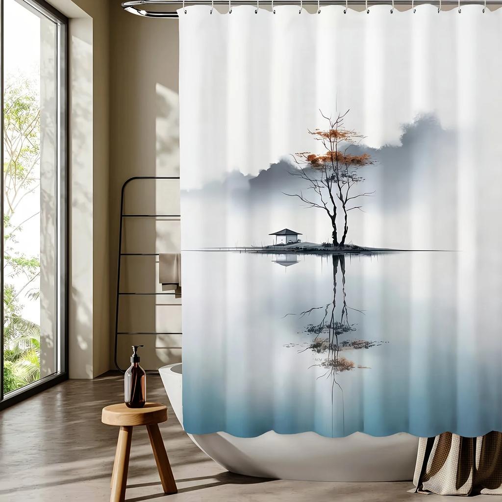 1pc Chinese Landscape Ink Painting Pattern Digital Printing Shower Curtain Bathroom Home Decor with Free Hook Machine Washable