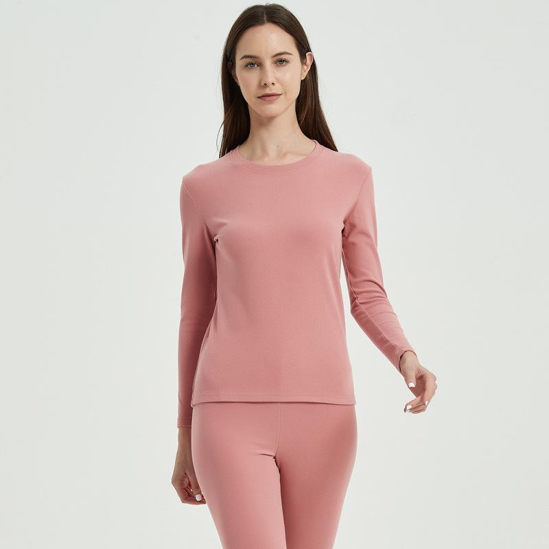 Solid Color Double-Sided Brushed Warm Base Layer Set for Women & Men - Round Neck Top & Pants for Autumn