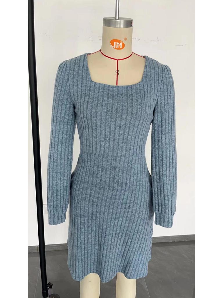 2025 Women's Square Neck Pocket Knit Sweater Dress - Long Sleeve Casual Fashion