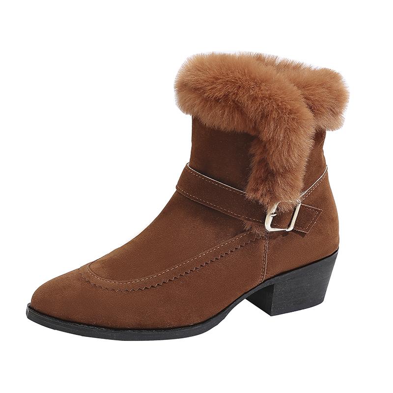 Fashion Winter New Block Heel Cotton Boots Women's Fashion Pointed Toe Side Zipper Suede Metal Buckle Short Boots