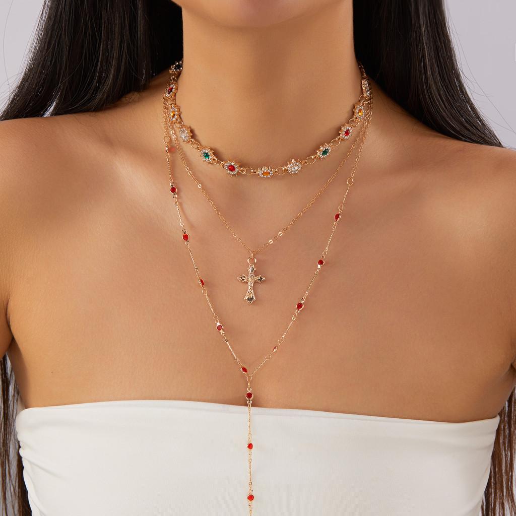 

Vintage Luxury Cross Pendant Necklace For Women With Multilayer Chain Gift Idea