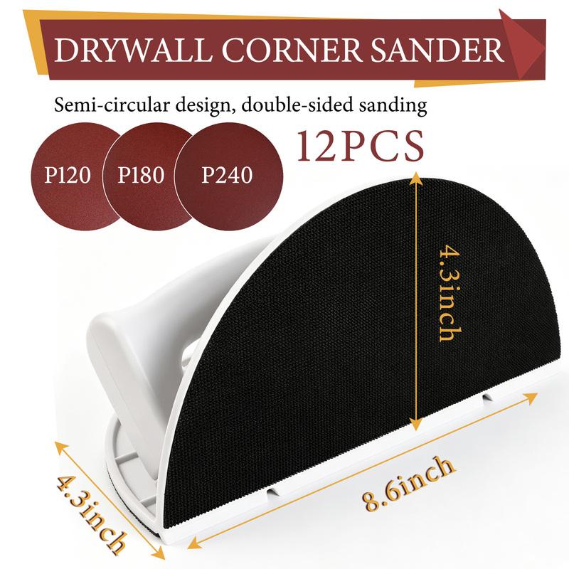 Drywall Corner Sander, Semi-Circular Angle Tool with 12PCS 9 Inch Hook and Loop Sanding Discs 120/180/240 Grit for Wall Corners