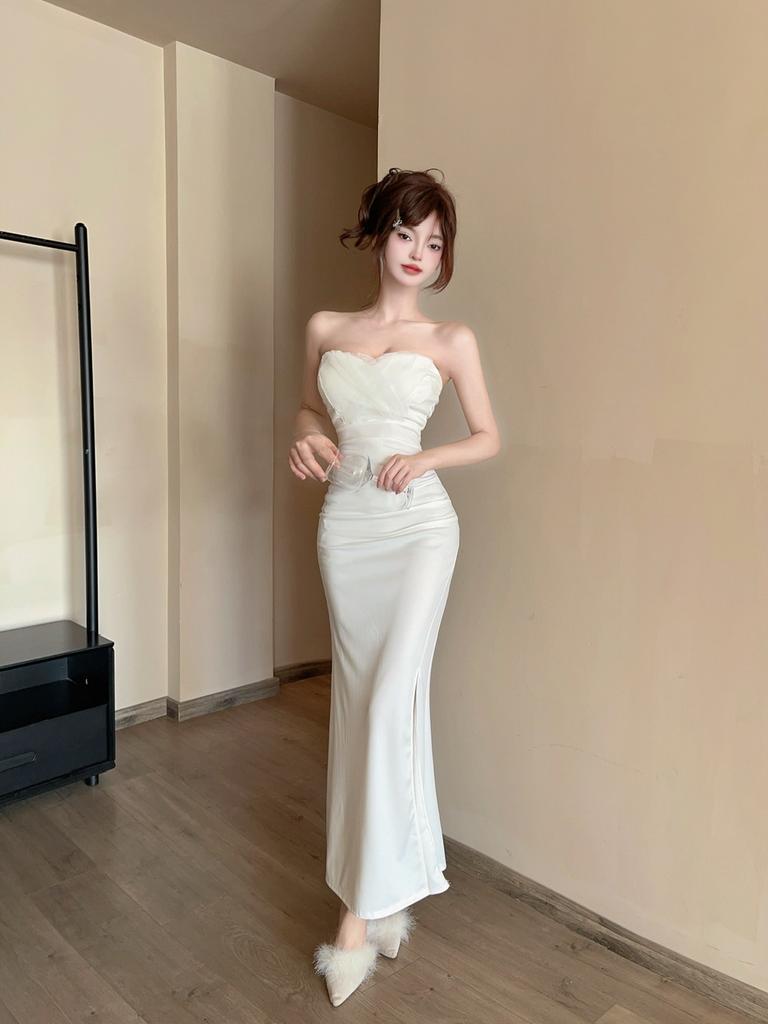 Fashion light luxury celebrity style evening dress sexy waist split banquet tube top dress temperament Muse long skirt