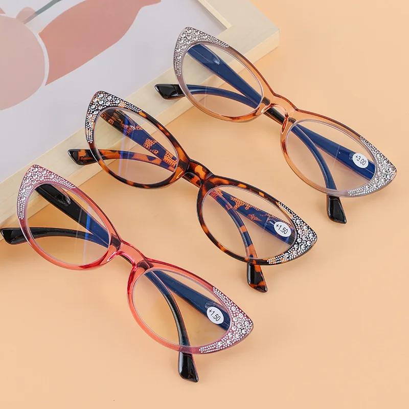 New Cat's Eyes Reading Glasses Women Fashion Diamond Plated Blue Light Proof Presbyopia Eyeglasses  +0.75 To +3.5
