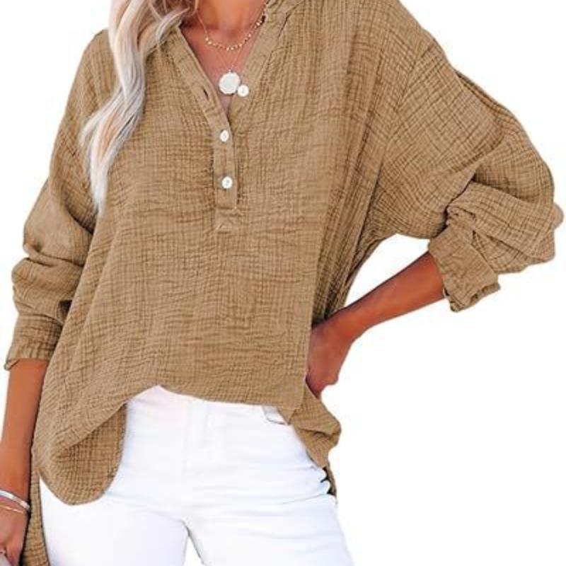 Spring and Autumn pleated button long sleeved solid color top women's shirt loose pure cotton pullover