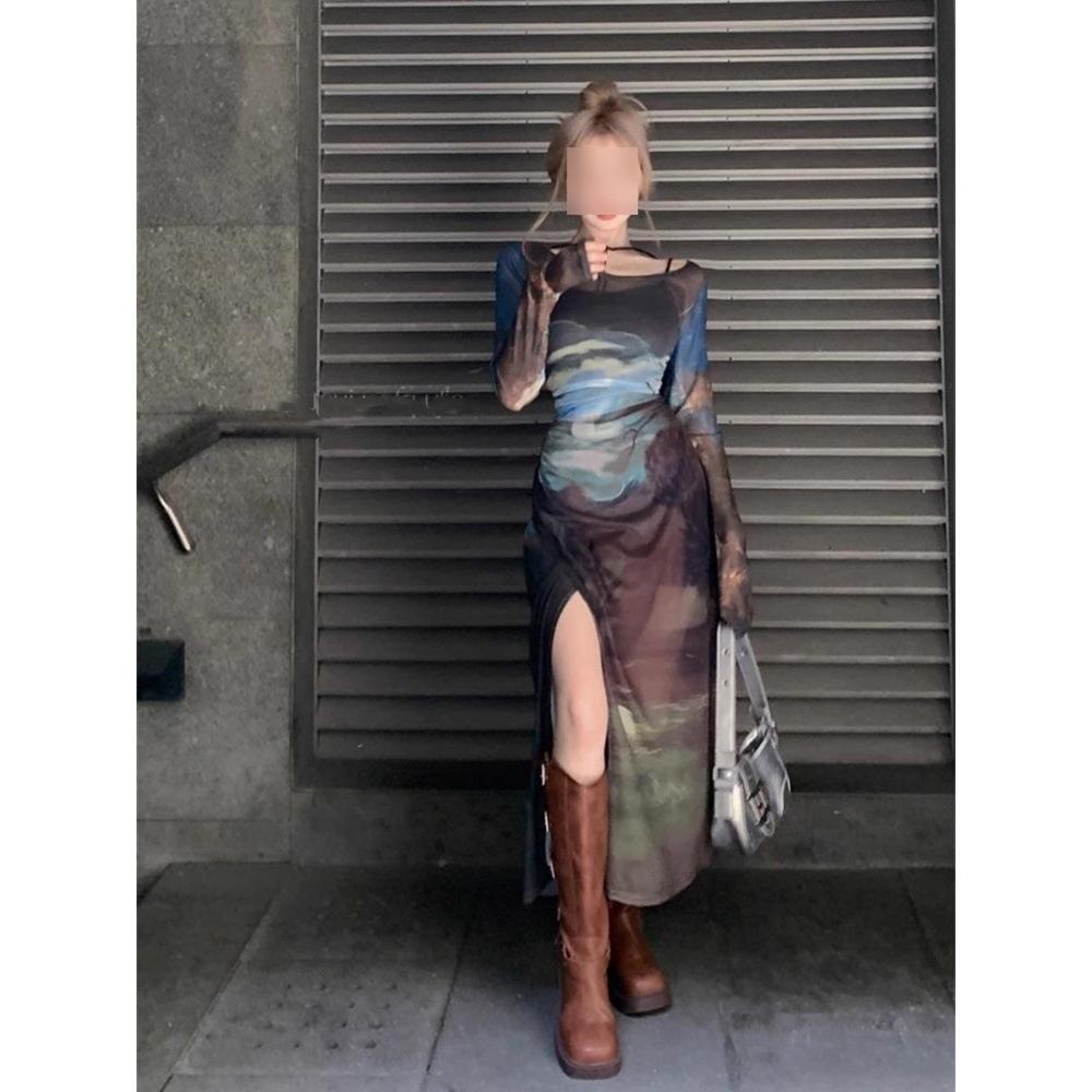 

Поместье ретро осень классический милый и пикантный высококлассный мазок масляной живописи шея сарафан темперамент мода сетчатое платье XL