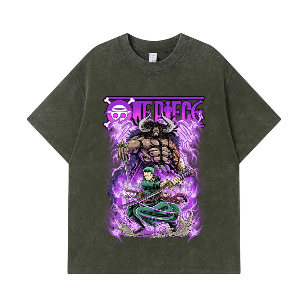 

275 GSM Washed T-shirts 100% Cotton One Piece V32 Zoro Kaido Print Unisex Heavy Cotton T Shirt S армия зеленый