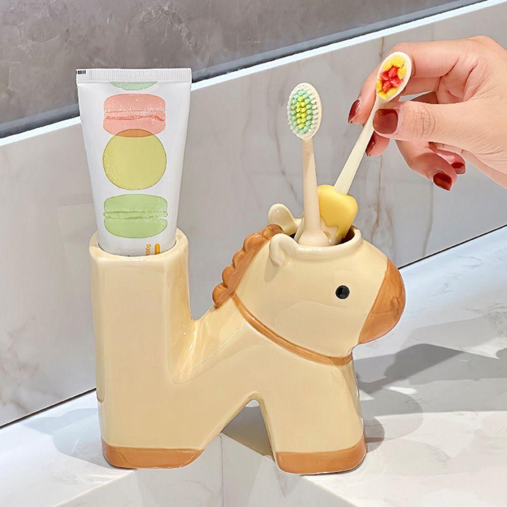Ceramic Pony Toothbrush Holder N-shaped 2 Slot Toothpaste Toothbrush Rack Cartoon Horse Electric Toothbrush Stand Home Decor