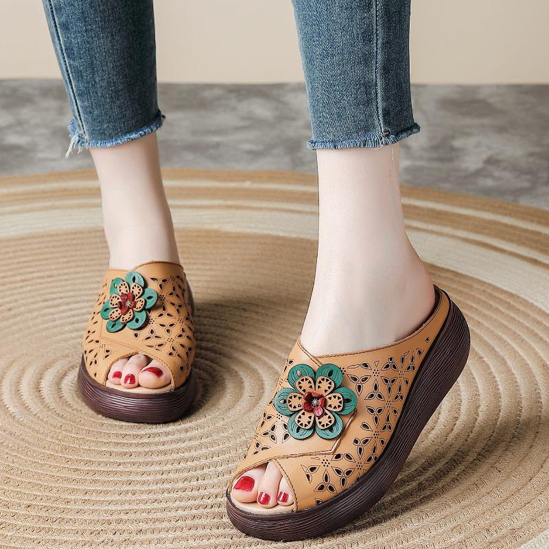 Summer New Thick-soled Retro Outer Slippers Women's Real Cowhide Fish Mouth Hollow Breathable Slope Heel Cool Slippers