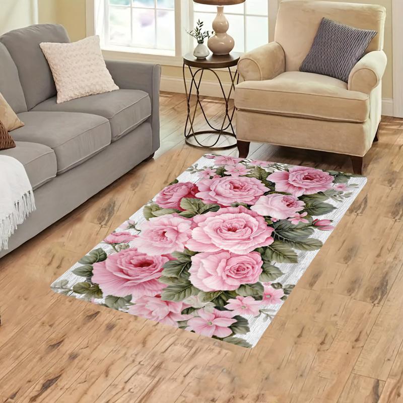 1Pcs Pink Floral Pattern Floor Mat Modern Kitchen Polyester Rug Non-Slip Colorful Indoor Carpet, For Home Bathroom Bedroom Living Room Decor