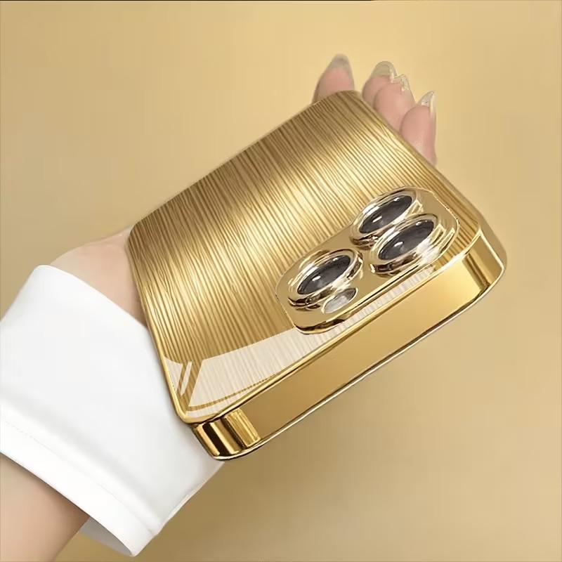 Gold Vertical Stripe Creative Electroplated Glass Phone Case Suitable for iPhone 17 16 15 14 13 12 11