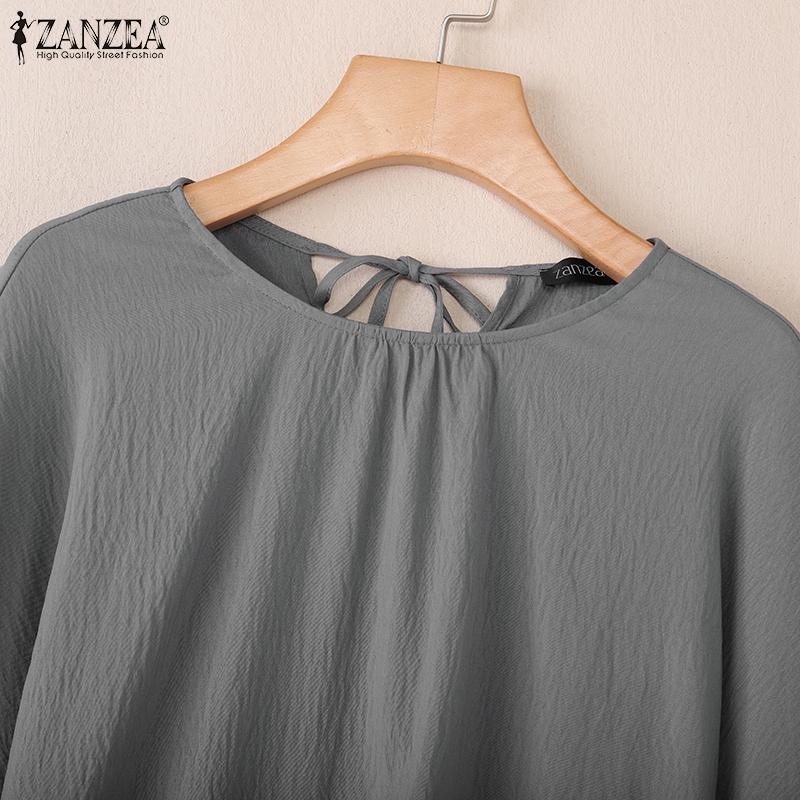 ZANZEA Women Casual Round Neck Loose 3/4 Sleeve Solid Blouse